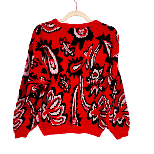 80’s Retro Vintage Print Red Knit Sweater Size Large Made In Korea