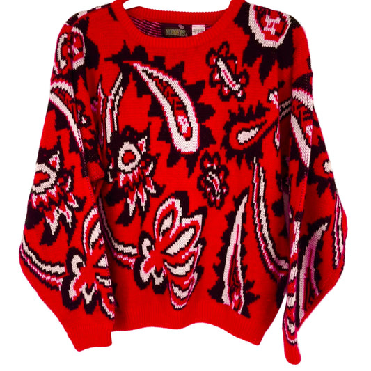 80’s Retro Vintage Print Red Knit Sweater Size Large Made In Korea